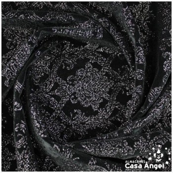 TERCIOPELO NEGRO CON ESTAMPADO VICTORIANO DE PURPURINA NEGRA 150cm