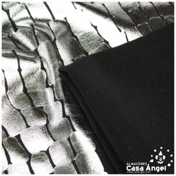 LYCRA NEGRA CON ESTAMPADO PLATA FOIL DE COCODRILO 150cm