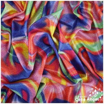 LYCRA ESTAMPADA DE CURVAS Y CHISPAS DE FOIL SERIE MACEDONIA ROYAL 150cm
