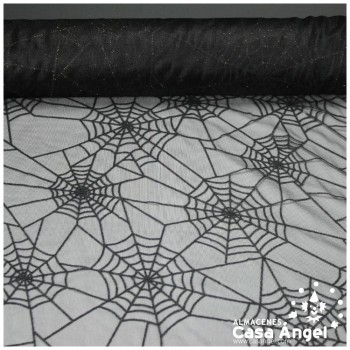 TUL NEGRO CON TELARAÑAS FLOCADAS 150cm