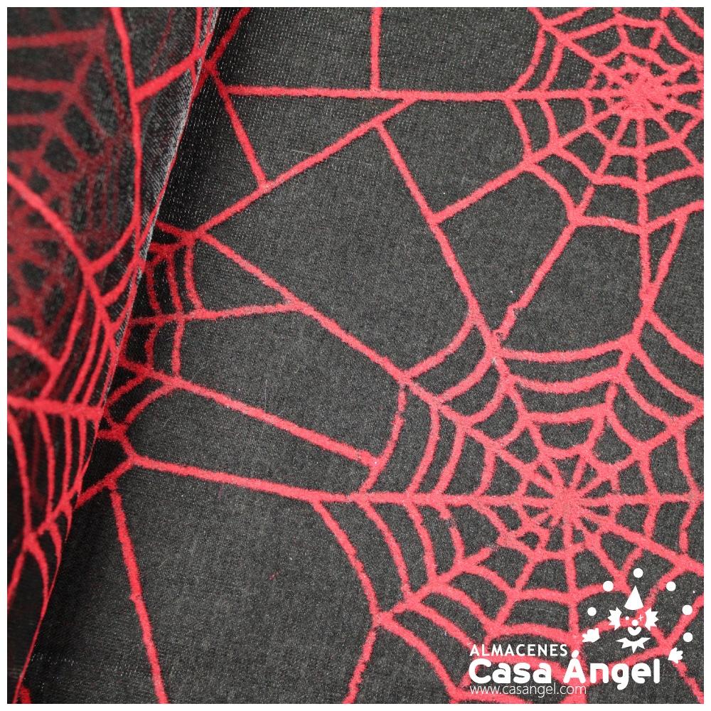 TUL NEGRO CON TELARAÑAS ROJAS FLOCADAS 150cm