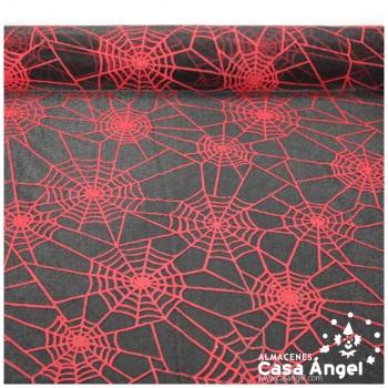 TUL NEGRO CON TELARAÑAS ROJAS FLOCADAS 150cm