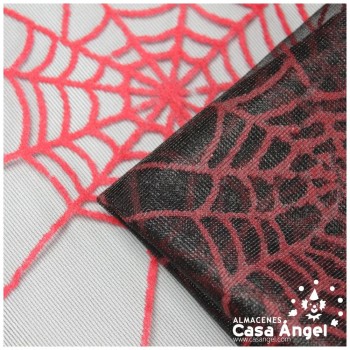 TUL NEGRO CON TELARAÑAS ROJAS FLOCADAS 150cm
