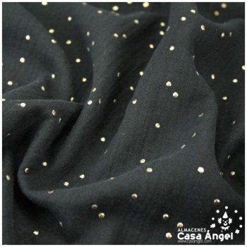TELA MUSELINA NEGRA CON PUNTOS DORADOS EN RELIEVE SERIE GINGA 150cm