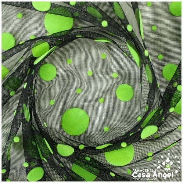 TUL NEGRO CON LUNARES VERDE FLOCADOS 150cm