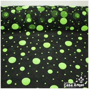 TUL NEGRO CON LUNARES VERDE FLOCADOS 150cm