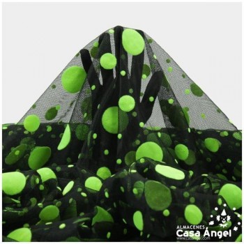 TUL NEGRO CON LUNARES VERDE FLOCADOS 150cm