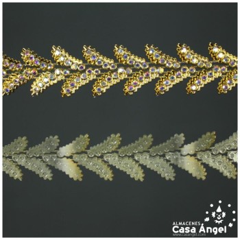 GALÓN DE PEDRERÍA PLATEADA HOJAS COLGANTES EFECTO AB 21mm