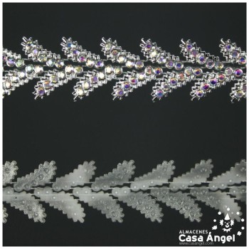 GALÓN DE PEDRERÍA PLATEADA HOJAS COLGANTES EFECTO AB 21mm