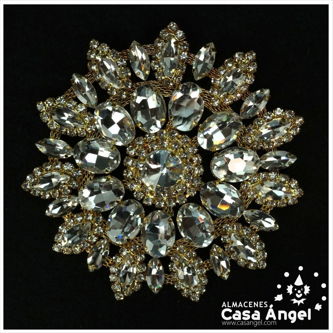 APLIQUE METÁLICO COLOR ORO EN FORMA DE FLOR CON PIEDRAS CRISTAL 11cm
