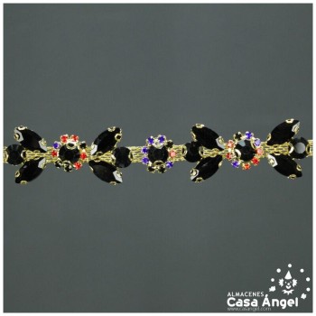 PASAMANERÍA DORADA CON PEDRERÍA NEGRA Y DETALLES FLORALES 22mm