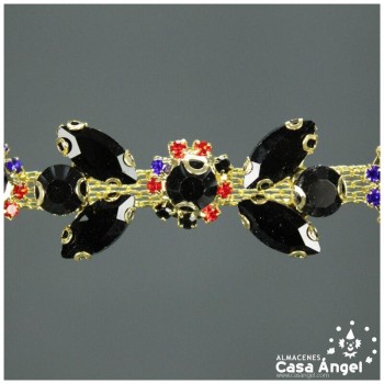 PASAMANERÍA DORADA CON PEDRERÍA NEGRA Y DETALLES FLORALES 22mm