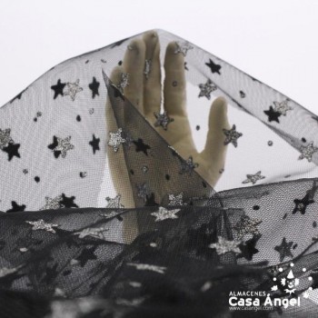TUL NEGRO ESTRELLAS ESCARCHA ANCHO 150cm