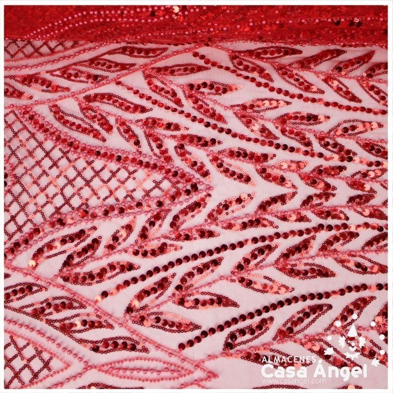 TUL ROJO BORDADO CON PEDRERÍA Y LENTEJUELAS EN FORMA DE HOJAS CON CENEFA SERIE FRISO 130cm