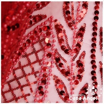TUL ROJO CON BORDADO ENTERIZO DE CANUTILLO Y LENTEJUELA SERIE RIVERA 130cm