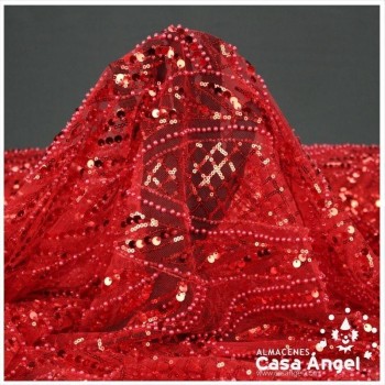 TUL ROJO CON BORDADO ENTERIZO DE CANUTILLO Y LENTEJUELA SERIE RIVERA 130cm