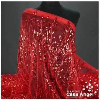 TUL ROJO CON BORDADO ENTERIZO DE CANUTILLO Y LENTEJUELA SERIE RIVERA 130cm