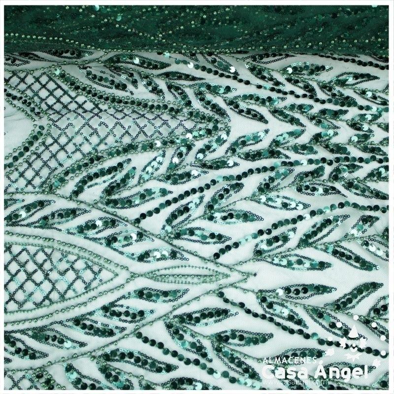 TUL VERDE CON BORDADO ENTERIZO DE CANUTILLO Y LENTEJUELA SERIE RIVERA 130cm