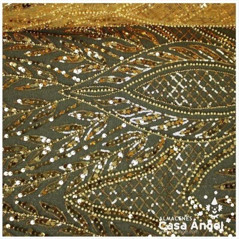 TUL DORADO CON BORDADO ENTERIZO DE CANUTILLO Y LENTEJUELA SERIE RIVERA 130cm