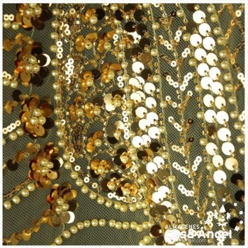TUL DORADO CON BORDADO ENTERIZO DE CANUTILLO Y LENTEJUELA SERIE RIVERA 130cm