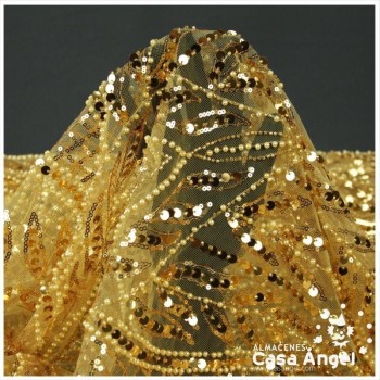 TUL DORADO CON BORDADO ENTERIZO DE CANUTILLO Y LENTEJUELA SERIE RIVERA 130cm