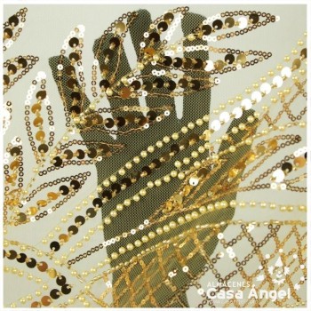 TUL DORADO CON BORDADO ENTERIZO DE CANUTILLO Y LENTEJUELA SERIE RIVERA 130cm
