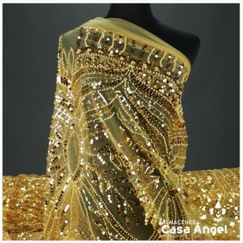 TUL DORADO CON BORDADO ENTERIZO DE CANUTILLO Y LENTEJUELA SERIE RIVERA 130cm