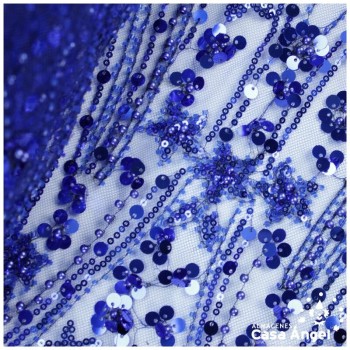 TUL DE BORDADO ENTERIZO AZUL CON PEDRERÍA SERIE AYANA 150cm