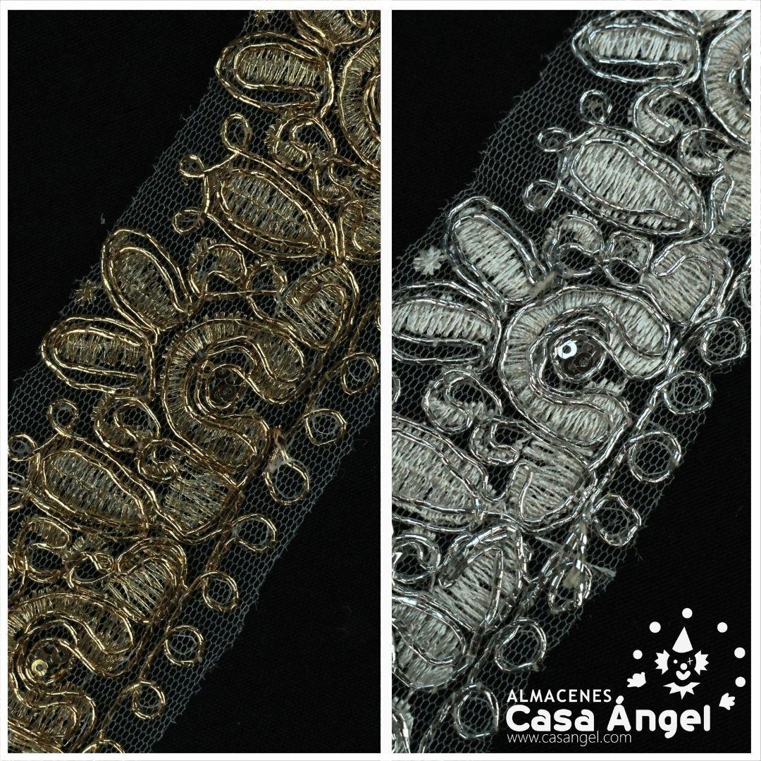 PASAMANERÍA DE ENCAJE BORDADO ORO Y PLATA 56mm