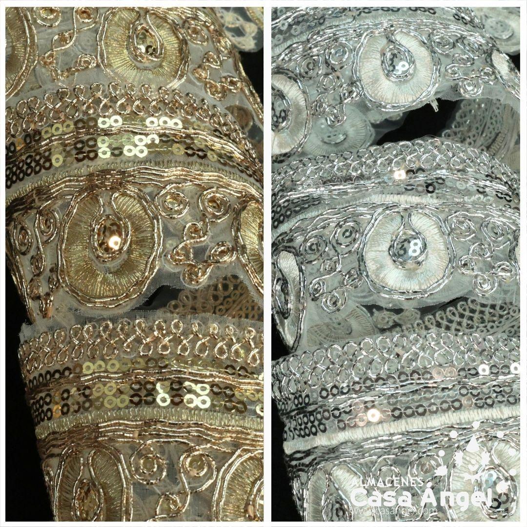 PASAMANERÍA DE ENCAJE BORDADO CON LENTEJUELAS ORO Y PLATA 6cm