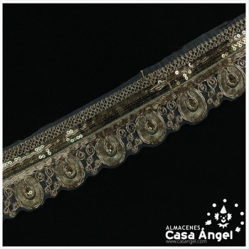 PASAMANERÍA DE ENCAJE BORDADO CON LENTEJUELAS ORO Y PLATA 6cm