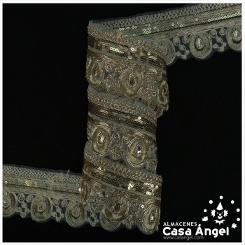 PASAMANERÍA DE ENCAJE BORDADO CON LENTEJUELAS ORO Y PLATA 6cm