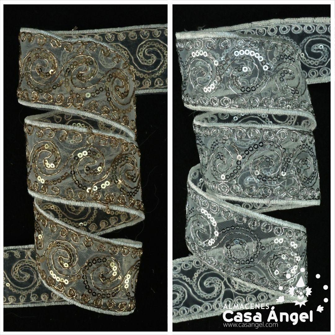 PASAMANERÍA DE ENCAJE BORDADO CON LENTEJUELAS ORO Y PLATA 43mm