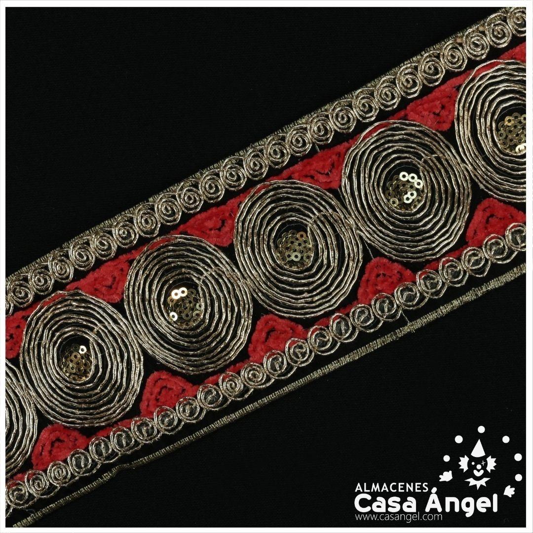 PASAMANERÍA BORDADA DE CÍRCULOS ROJO CON LENTEJUELAS 7,5cm