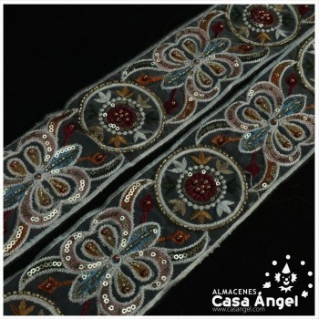PASAMANERÍA DE ENCAJE BORDADO FLORAL CON LENTEJUELAS 75mm