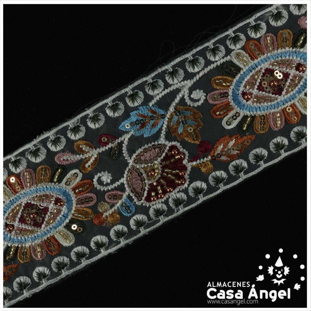 PASAMANERÍA DE ENCAJE BORDADO FLORAL CON LENTEJUELAS 80mm