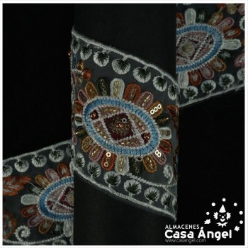 PASAMANERÍA DE ENCAJE BORDADO FLORAL CON LENTEJUELAS 80mm