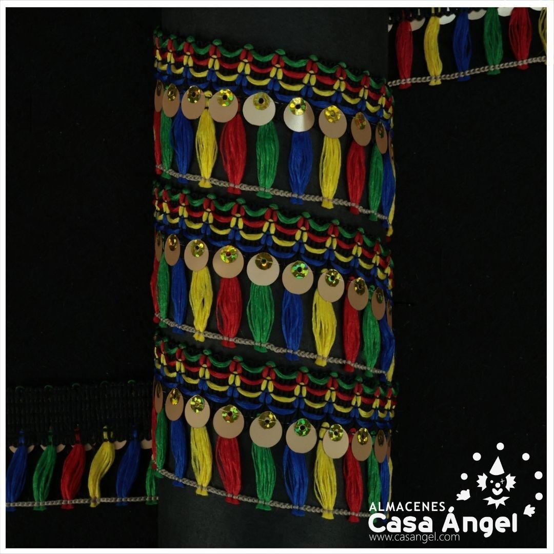 PASAMANERÍA CON FLECO MULTICOLOR Y LENTEJUELAS DORADAS 40mm