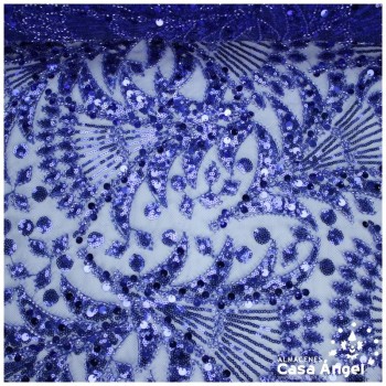 TUL BORDADO AZUL CON LENTEJUELAS Y PEDRERÍA SERIE PULKARI 130cm