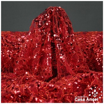 TUL BORDADO ROJO CON LENTEJUELAS Y PEDRERÍA SERIE PULKARI 130cm