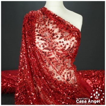 TUL BORDADO ROJO CON LENTEJUELAS Y PEDRERÍA SERIE PULKARI 130cm