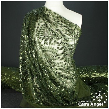 TUL BORDADO VERDE CON LENTEJUELAS Y PEDRERÍA SERIE PULKARI 130cm