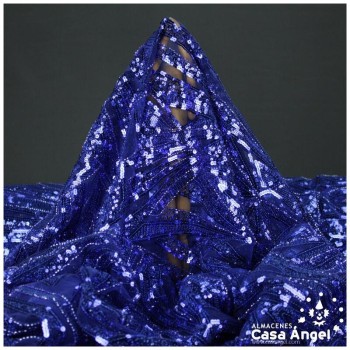 TUL DE FANTASÍA BORDADO CON ROCALLA AZUL SERIE PUSKAR 130cm