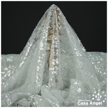 TUL DE FANTASÍA BORDADO CON ROCALLA BLANCO SERIE PUSKAR 130cm