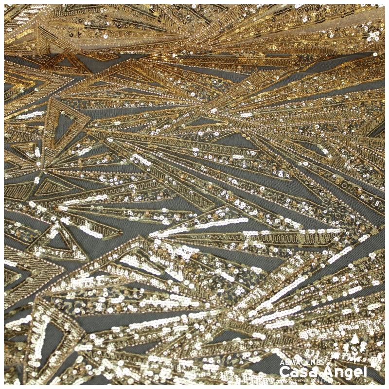 TUL DE FANTASÍA BORDADO CON ROCALLA ORO SERIE PUSKAR 130cm