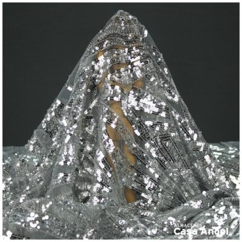 TUL DE FANTASÍA BORDADO CON ROCALLA PLATA SERIE PUSKAR 130cm