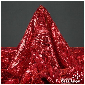TUL DE FANTASÍA BORDADO CON ROCALLA ROJO SERIE PUSKAR 130cm