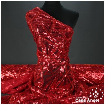 TUL DE FANTASÍA BORDADO CON ROCALLA ROJO SERIE PUSKAR 130cm