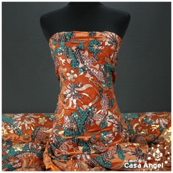 TERCIOPELO ELÁSTICO NARANJA BORDADO SERIE NYALA 130cm