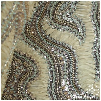 TUL BEIGE BORDADO CON ROCALLA Y ORGANZA SERIE BONGO 135cm